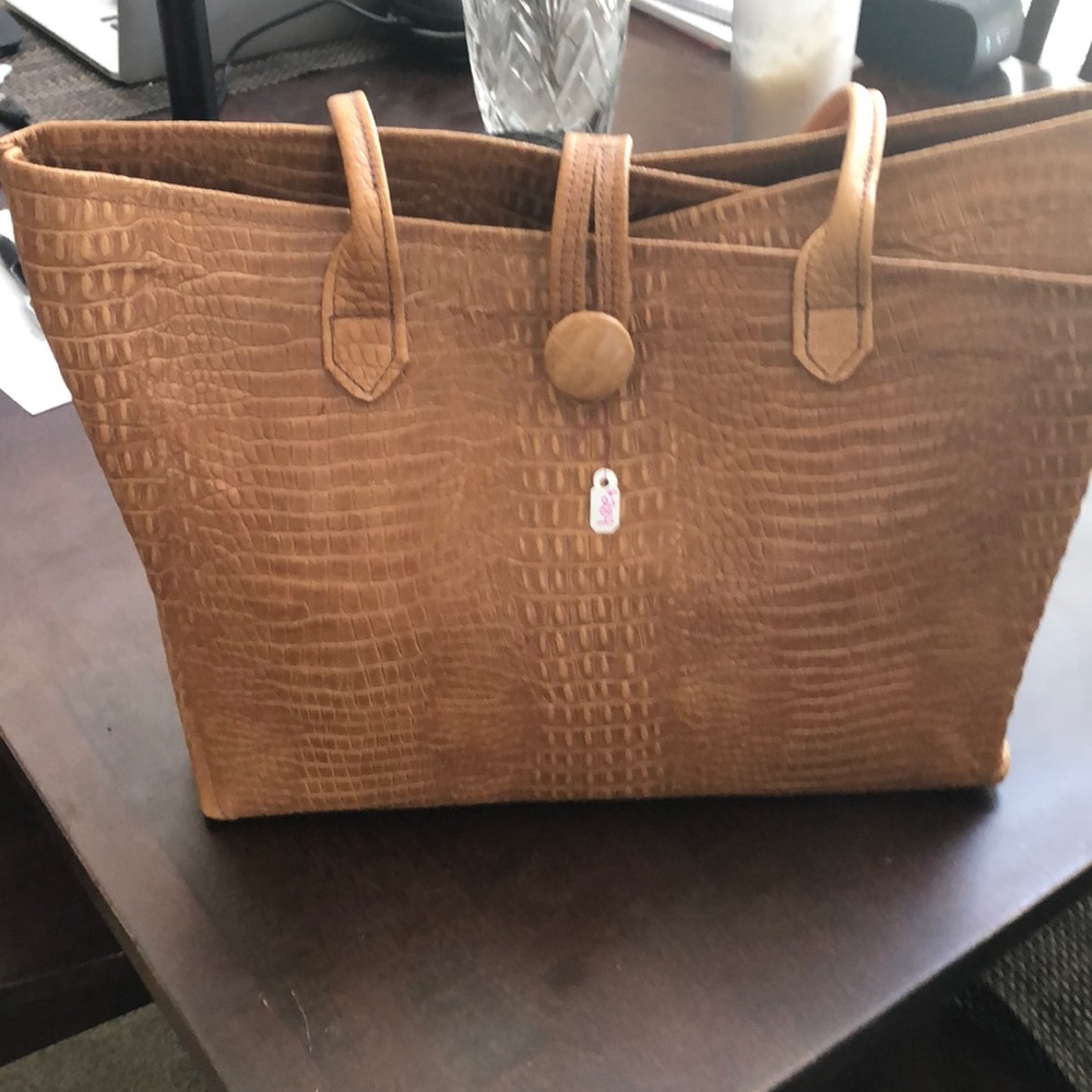 Handmade crocodile imprinted tan leather bag